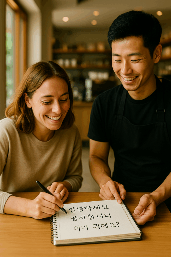 "easy Korean phrases used in everyday Korean greetings – Korean barista greeting a customer…"