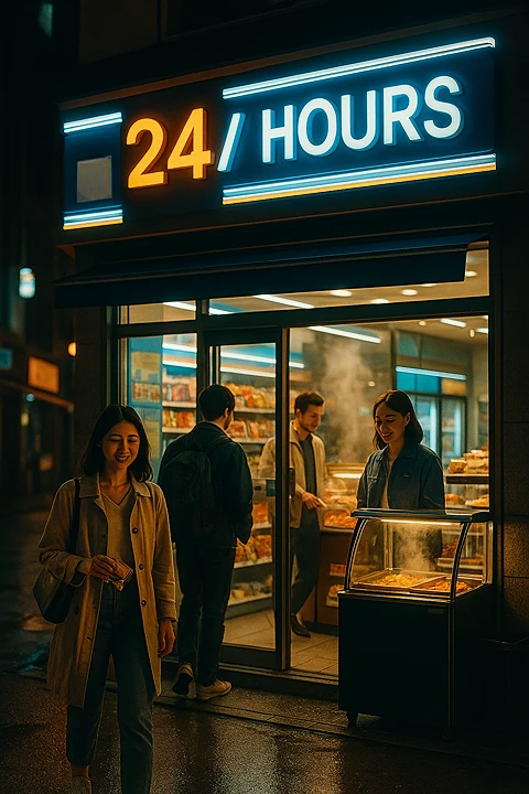 “Interior of a Korean convenience store with bright lighting and shelves of snacks” “Triangle kimbap and instant ramen meal set inside a Korean convenience store”