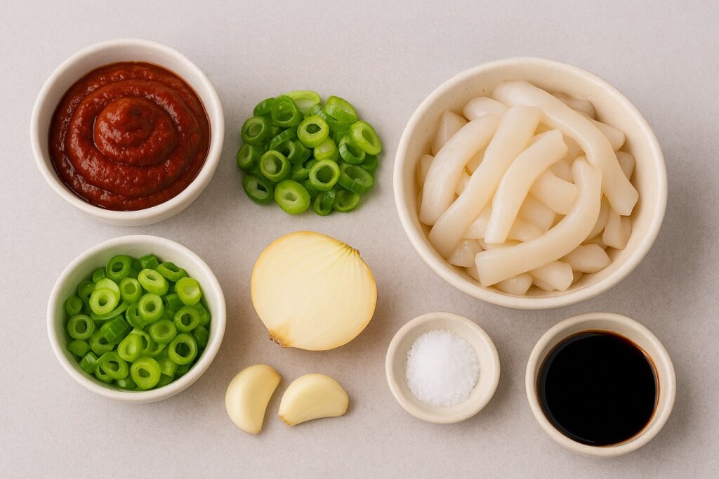 “High-quality flat-lay image showing fresh squid, gochujang, garlic, onions, green onions, soy sauce, and seasoning ingredients used to cook Ojingeo Bokkeum, a Korean spicy stir-fried squid dish.”