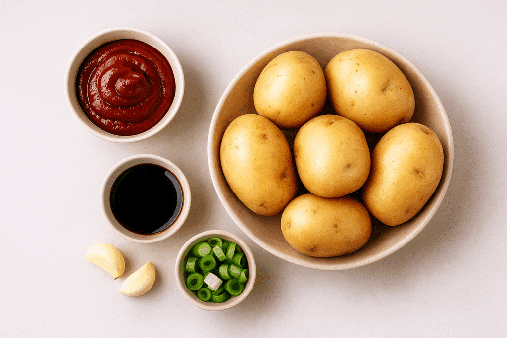Top-down view of ingredients for Korean gochujang braised potatoes, including potatoes, gochujang, garlic, soy sauce, and sesame oil.