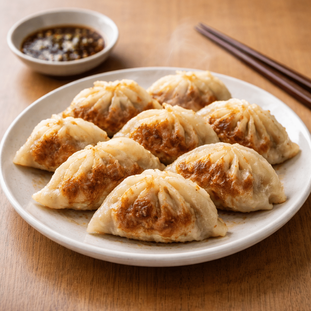 Pan-fried pork and kimchi mandu with crispy golden bottoms, showing a traditional Korean homemade dumpling dish.