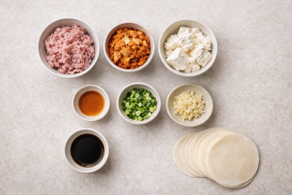 Top-down view of ingredients for pork and kimchi mandu, including ground pork, chopped kimchi, tofu, green onions, garlic, and dumpling wrappers prepared for Korean home cooking.