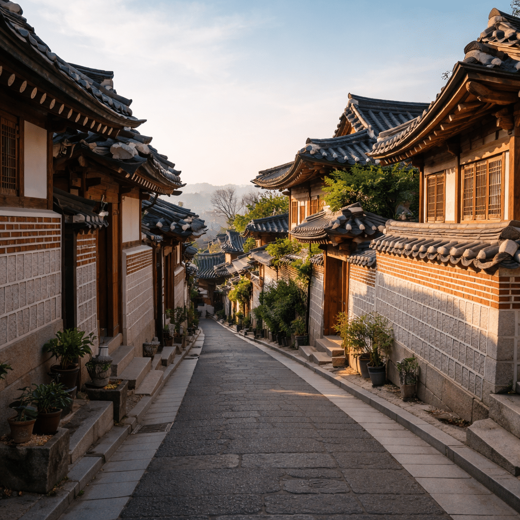 Quiet stone alley with traditional hanok houses in Bukchon Hanok Village, Seoul