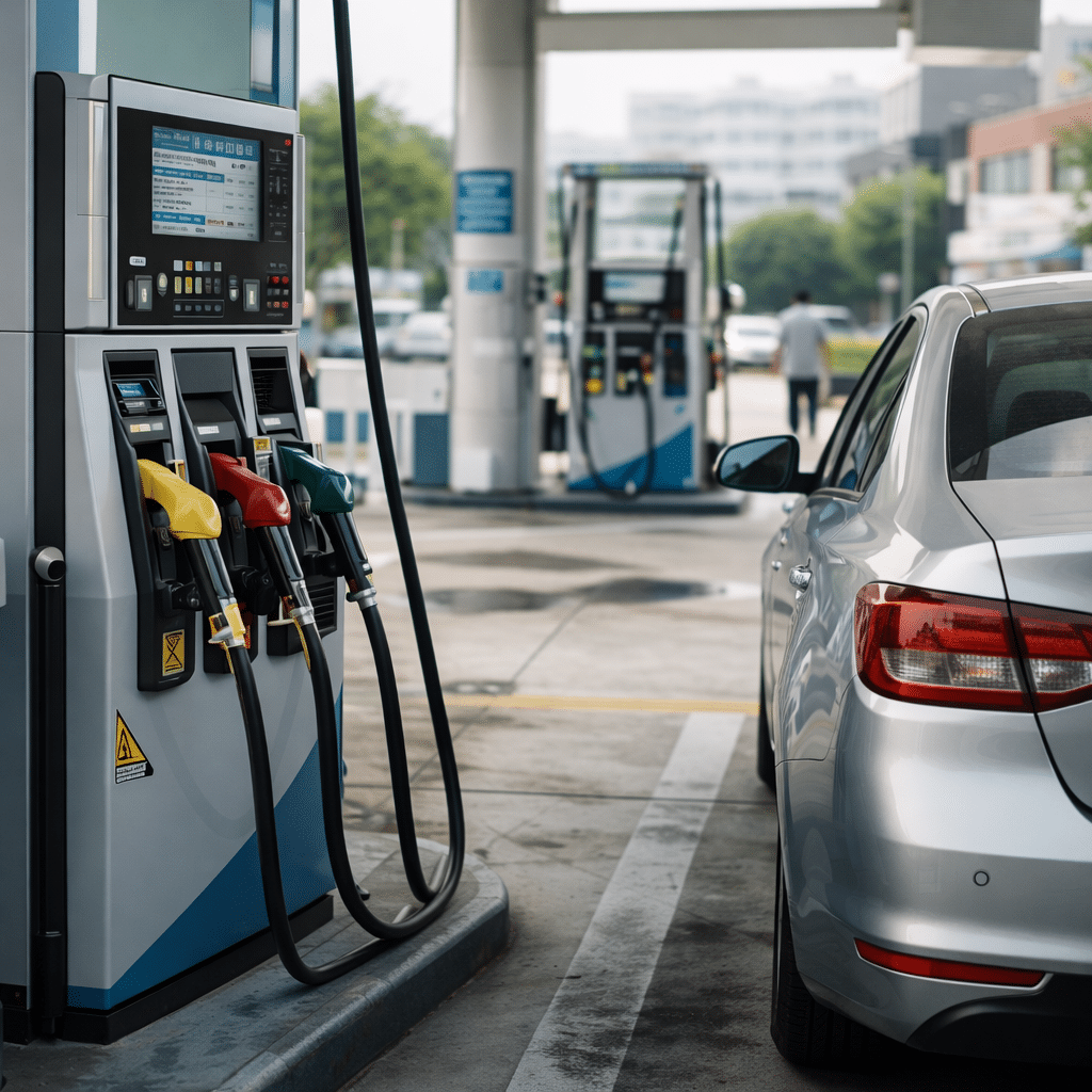 Self-service gas station in South Korea with fuel pump and parked car