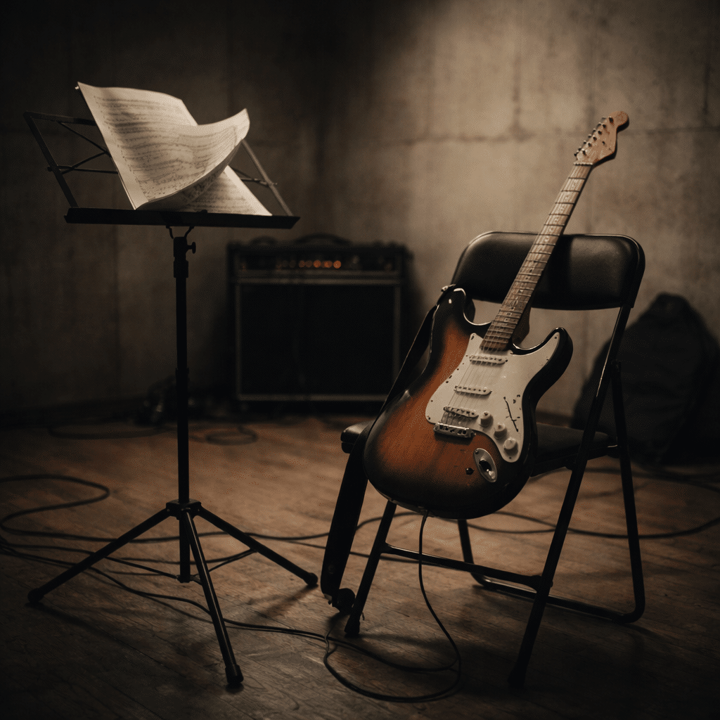Electric guitar in a dim rehearsal room symbolizing narrative tension in K-pop music