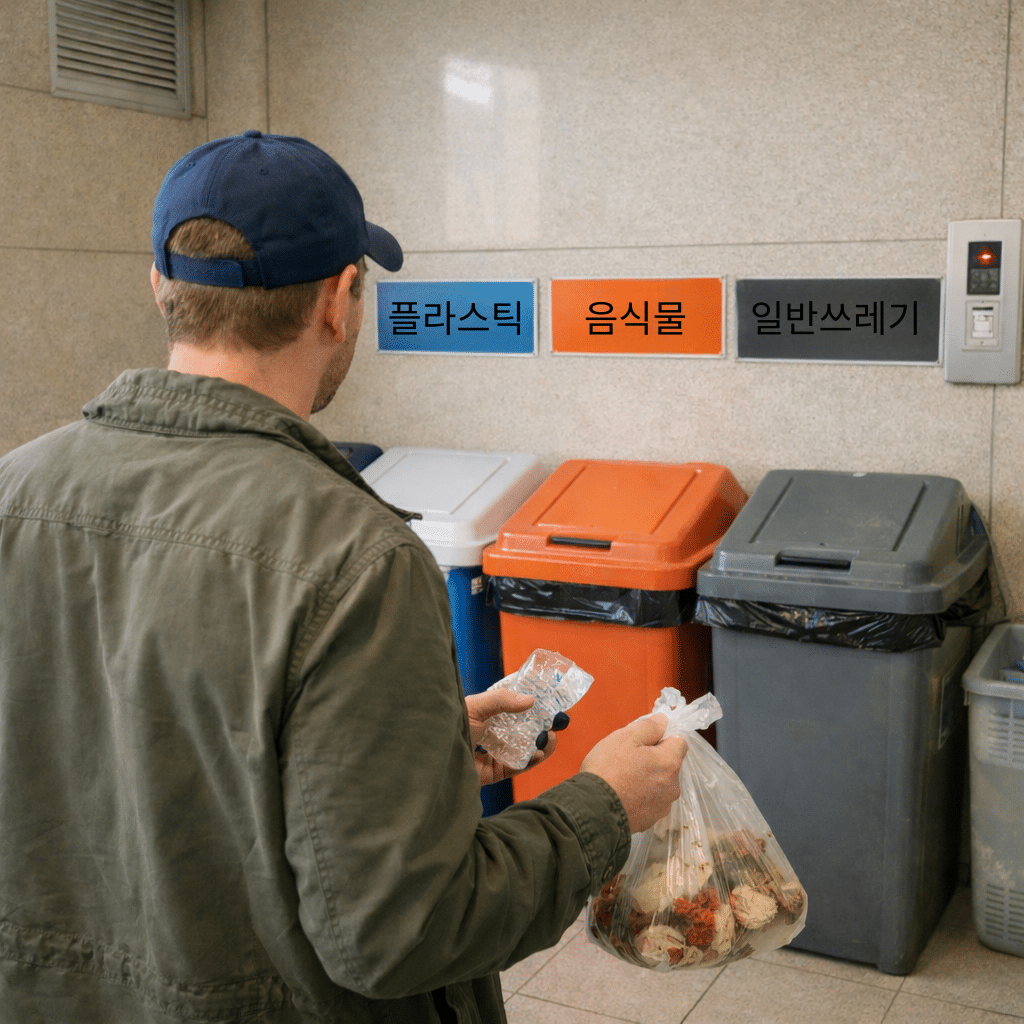 Korean apartment recycling bins with Korean-only trash labels confusing a foreign resident