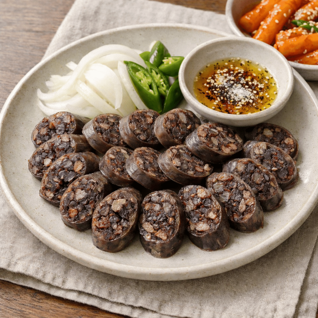 Korean sundae plate with sliced blood sausage and sesame oil dipping sauce