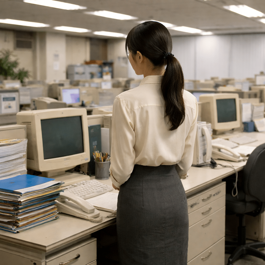 1990s Korean office setting symbolizing an undercover rookie employee in a retro drama