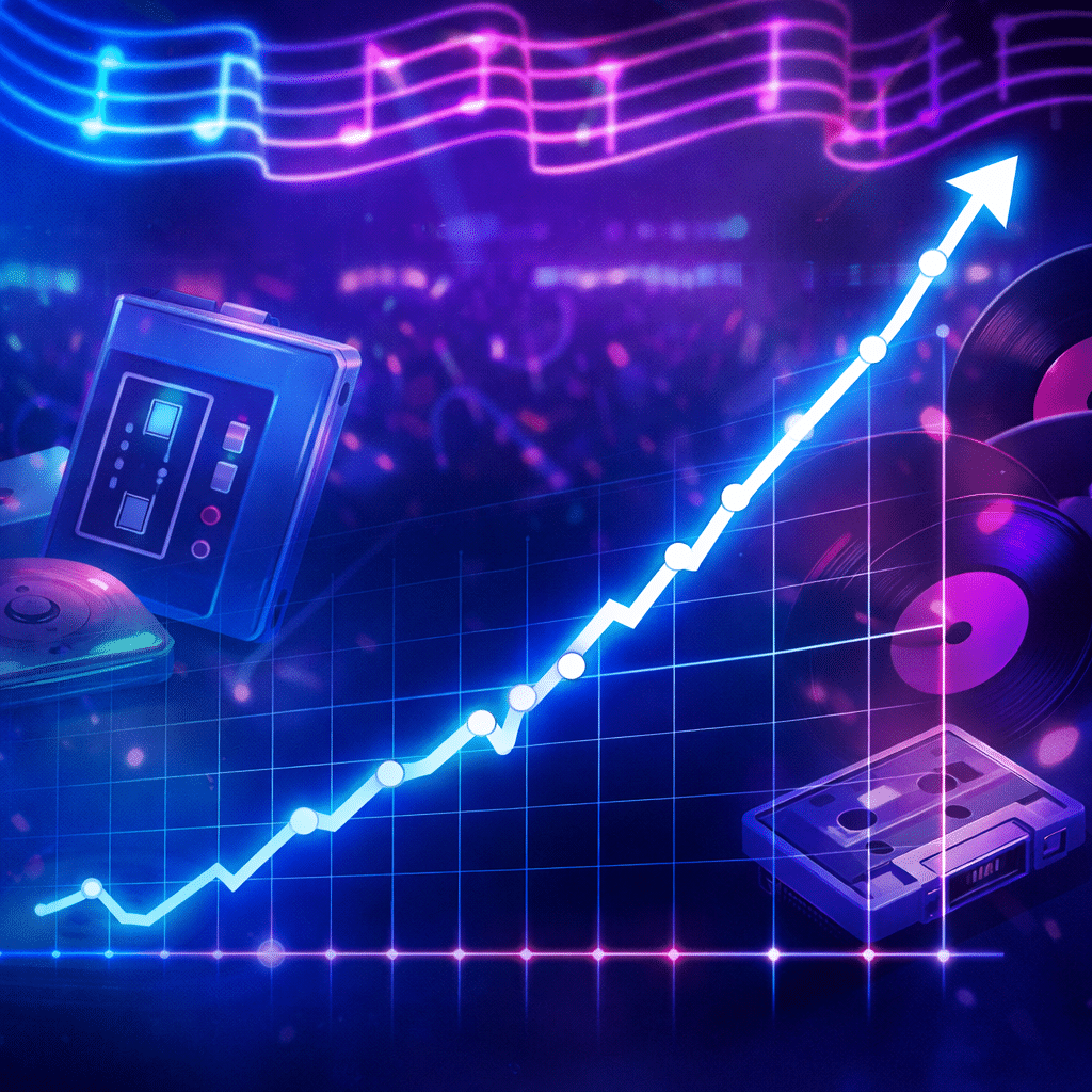 Stylized upward Billboard chart line with abstract K-POP concert inspired background